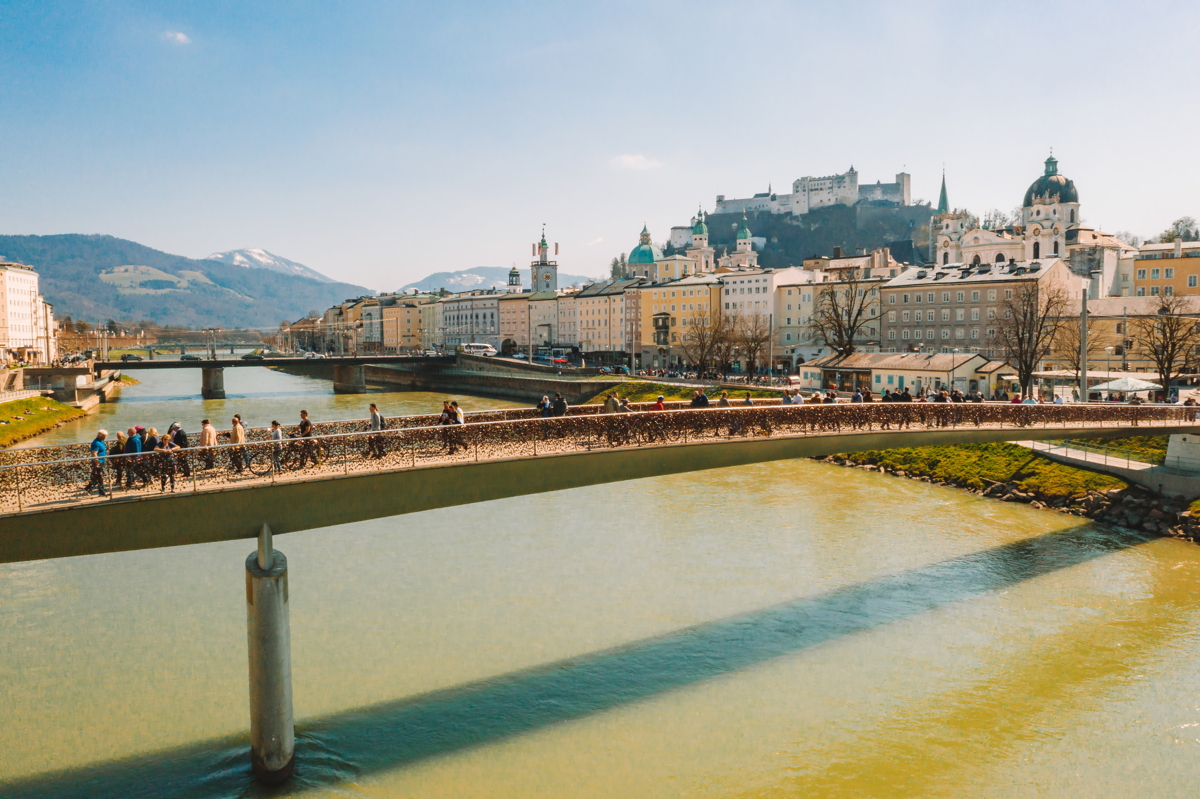 Panoramic view of the Salzach river and Salzburg.